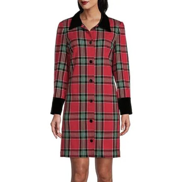 NWT Preston & York Laurel Plaid Velvet Cuff & Collar Long Sleeve Shirt Dress - Picture 2 of 2